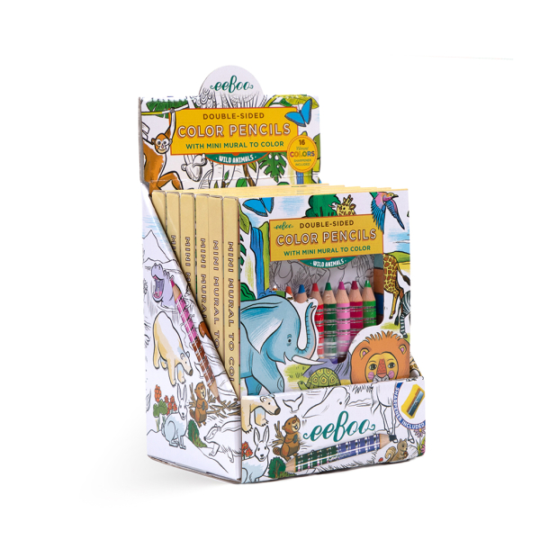 eeBoo - 8 dobbelte farveblyanter - Vilde dyr og tegneplakat