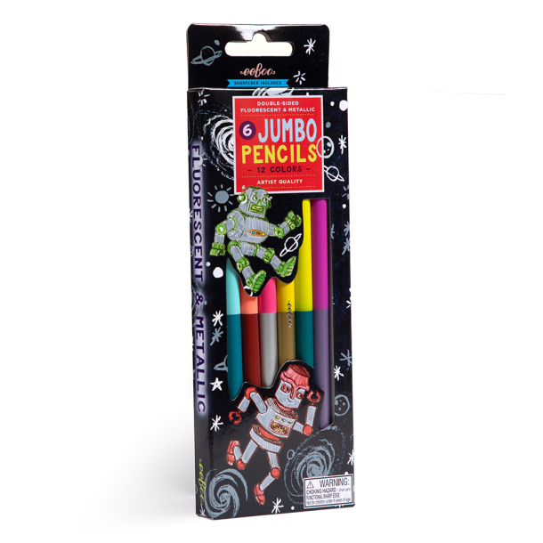 6 Colour Pencils - Double Sided Jumbo - Silver Robot